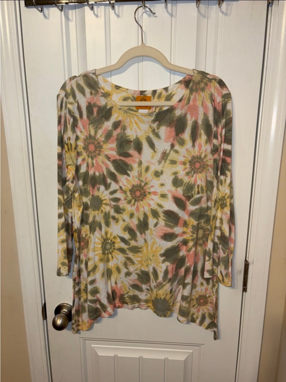 Ruby Rd. Floral Tie-Dye Long Sleeve Top in Pink, Olive & Yellow